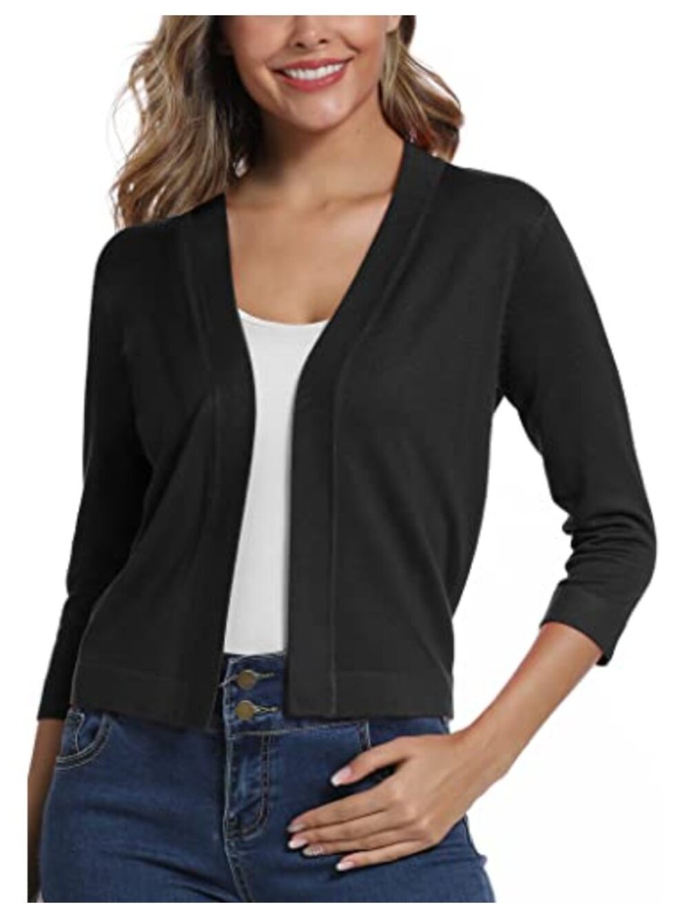 Women's 3/4 Sleeve Lightweight Cropped Cardigan Open Front Bolero Shrug